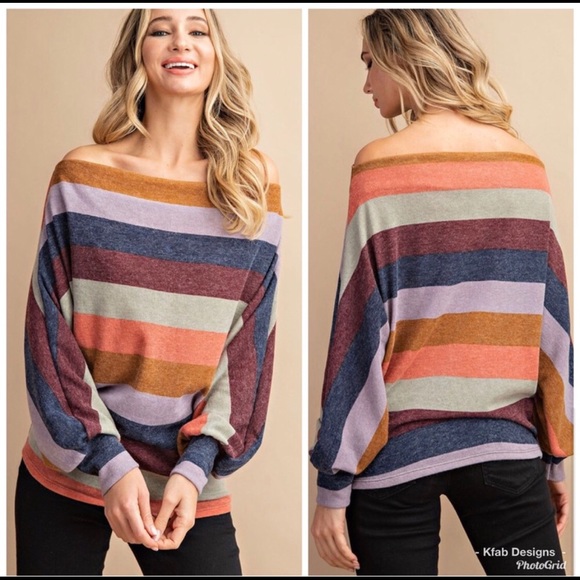 New! Trendy Comfy Off Shoulder Stripe Dolman Top. - Picture 6 of 7